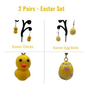 Easter Dangle Earrings Set 2‎ Yellow Chick Egg Bell Novelty 3/4"